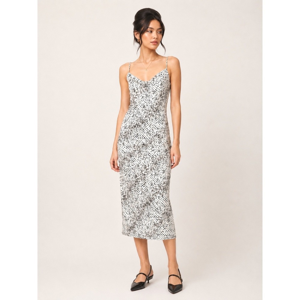 Banana Republic Women Snake Print Midi Slip Dress S White Black Cowl Neck Satin